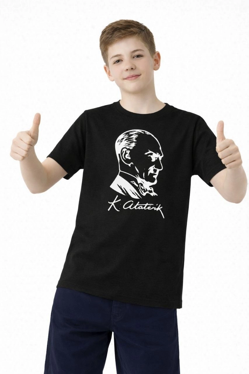 Erkek Çocuk Atatürk Baskılı Tişört Kısa Kollu Bisiklet Yaka T-Shirt - Siyah
