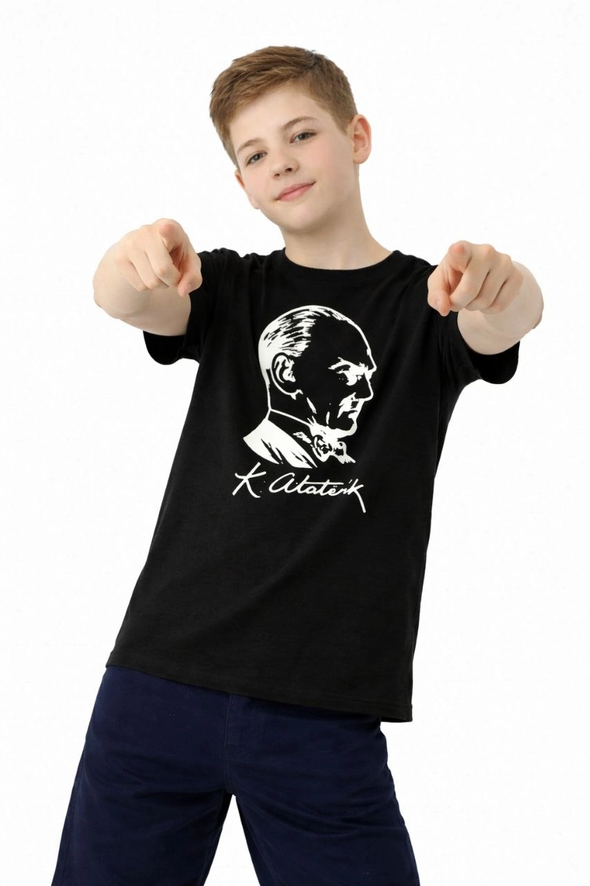 Erkek Çocuk Atatürk Baskılı Tişört Kısa Kollu Bisiklet Yaka T-Shirt - Siyah