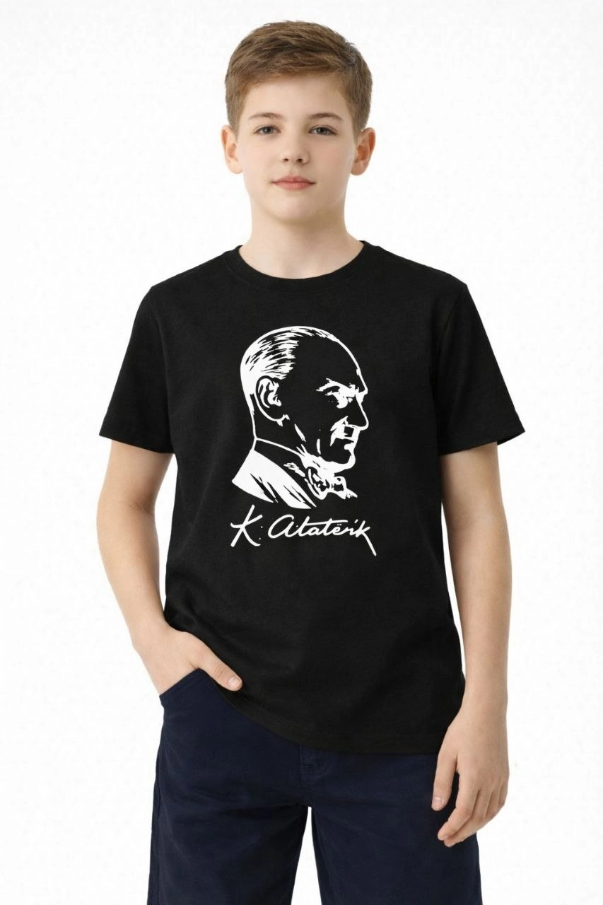 Erkek Çocuk Atatürk Baskılı Tişört Kısa Kollu Bisiklet Yaka T-Shirt - Siyah