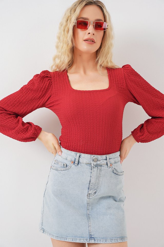 0442 Uzun Kollu Bluz - Kırmızı