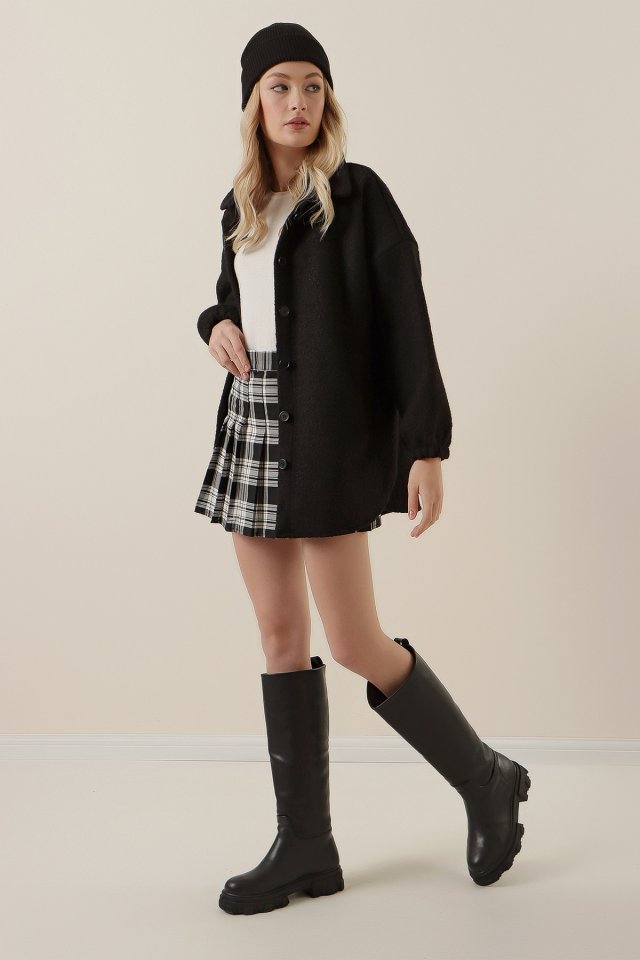 0675 Yün Karışımlı Buklet Ceket - Siyah