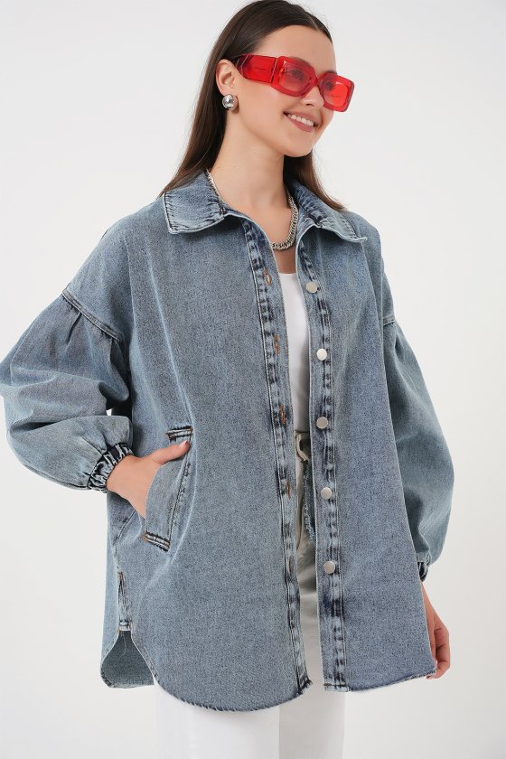 0662 Denim Balon Kollu Kot Ceket - Mavi