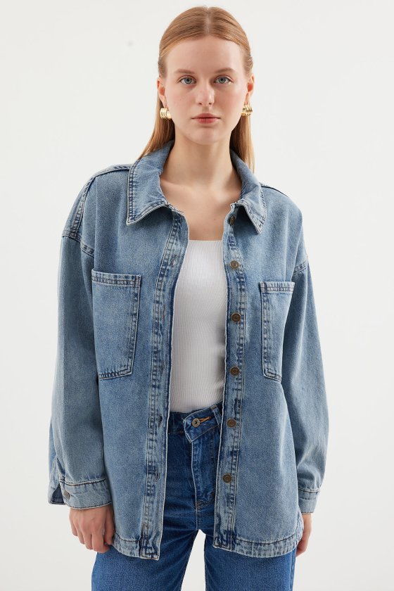 0694 Çift Cepli Oversize Denim Ceket - Buz Mavi