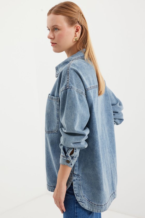 0694 Çift Cepli Oversize Denim Ceket - Buz Mavi