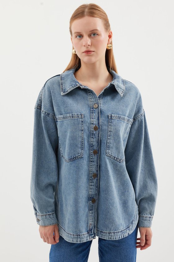 0694 Çift Cepli Oversize Denim Ceket - Buz Mavi