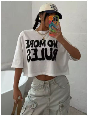 %100 Pamuk Kadın Crop Tişörtler "No Rules Anymore" Yazı Baskılı Üstler O-Yaka Kısa Kollu Tişörtler Yaz Modası Sokak Giyim Kadın Giyim