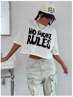 %100 Pamuk Kadın Crop Tişörtler "No Rules Anymore" Yazı Baskılı Üstler O-Yaka Kısa Kollu Tişörtler Yaz Modası Sokak Giyim Kadın Giyim