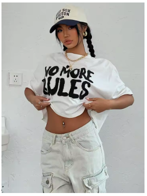 %100 Pamuk Kadın Crop Tişörtler "No Rules Anymore" Yazı Baskılı Üstler O-Yaka Kısa Kollu Tişörtler Yaz Modası Sokak Giyim Kadın Giyim