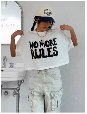 %100 Pamuk Kadın Crop Tişörtler "No Rules Anymore" Yazı Baskılı Üstler O-Yaka Kısa Kollu Tişörtler Yaz Modası Sokak Giyim Kadın Giyim
