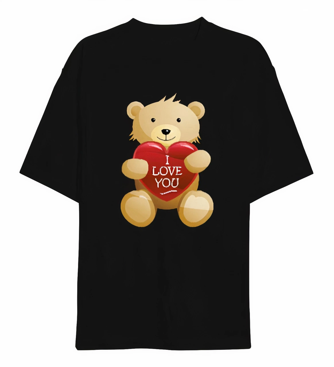 14 Şubat Tişört Sevgililer Günü İçin Özel Tasarım I Love You Ayı Baskılı T-shirt - Siyah