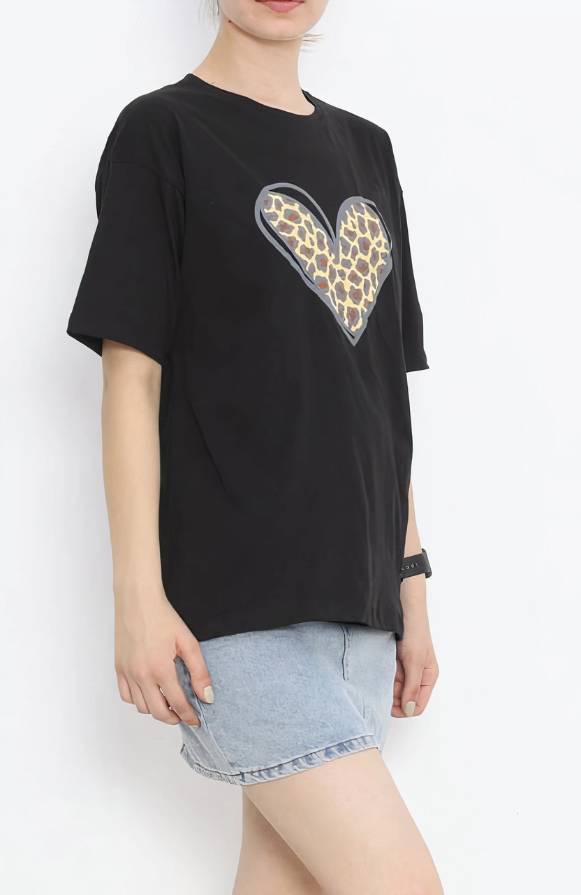 14 Şubat Tişört Sevgililer Günü İçin Özel Tasarım Leopar Kalp Baskılı T-shirt - Siyah