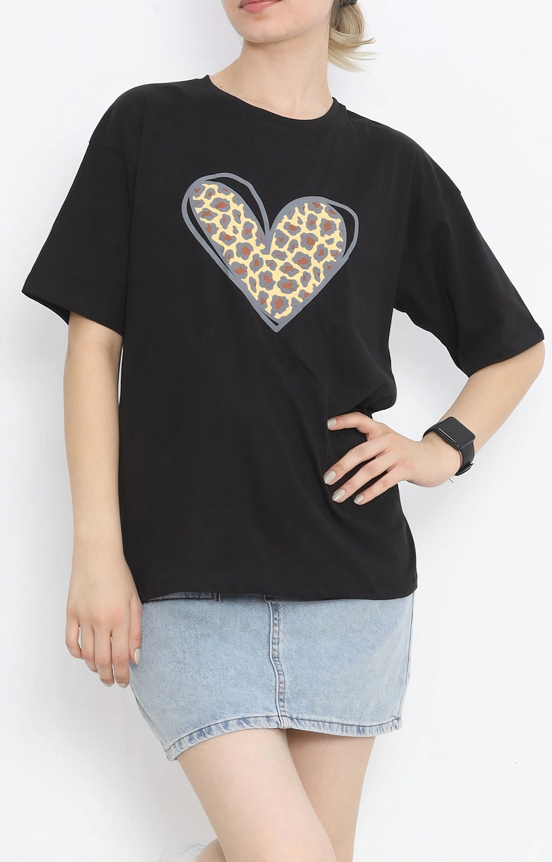 14 Şubat Tişört Sevgililer Günü İçin Özel Tasarım Leopar Kalp Baskılı T-shirt - Siyah